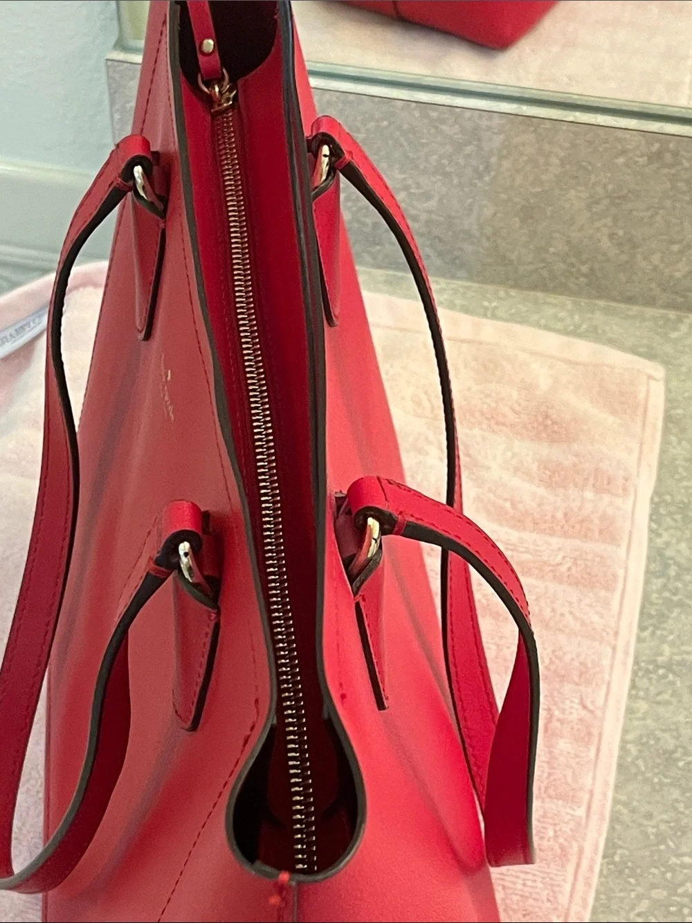 kate spade New York Red Leather Tote with Gold Logo Accent
